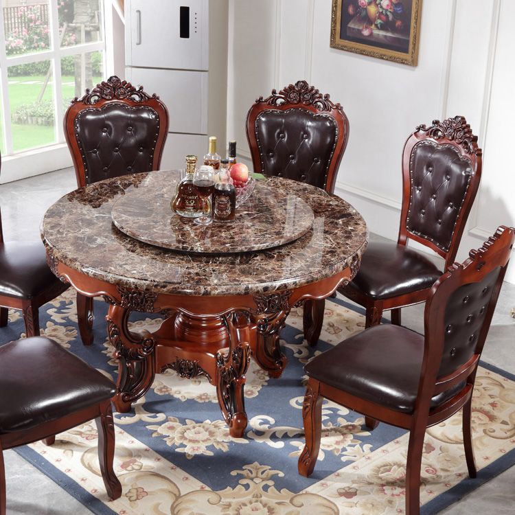 Faux Marble Dining Table Traditional Round Dinette Table with Turntable