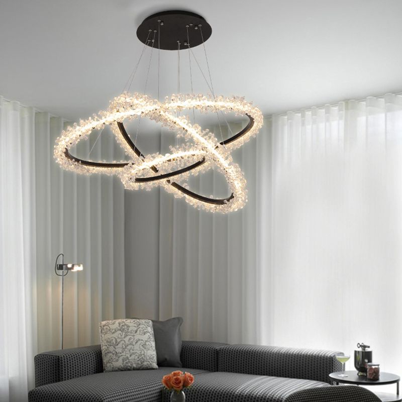 1/2/3-licht Black Ring Pendant Kroonluchter Modern Crystal Accent LED Hanglamp Lichtlijn in wit/warm licht voor woonkamer