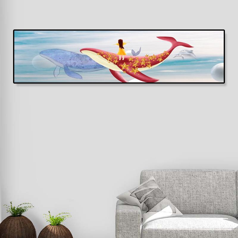 Fantasy Flying Whale Canvas Cartoon Textured Wall Art Print in Soft Color for Kids Room