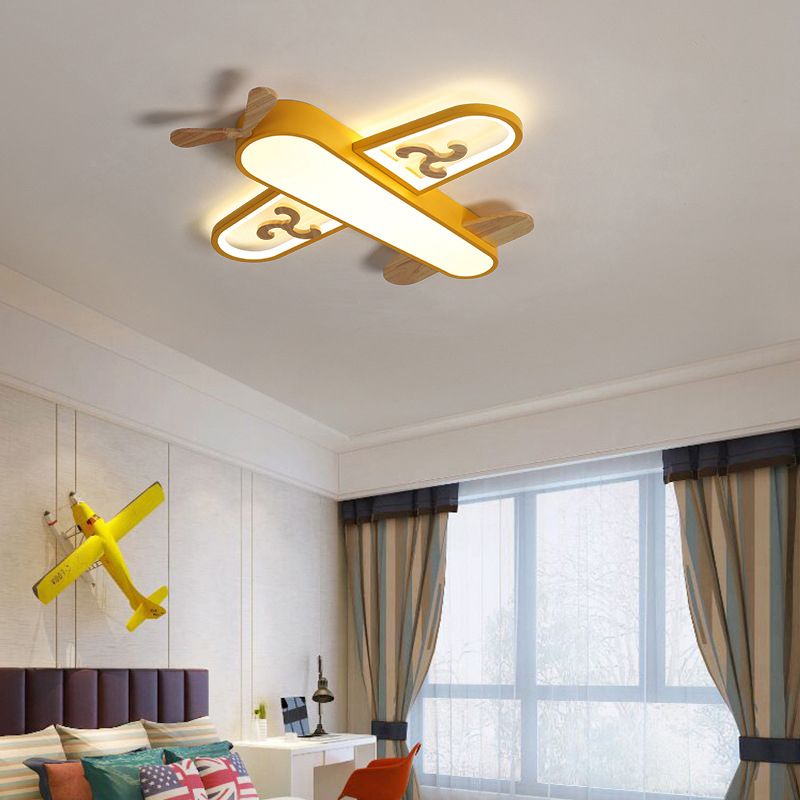 Plane Flush Ceiling Light Childrens Metal LED Flushmount Light with Wood Decoration for Bedroom