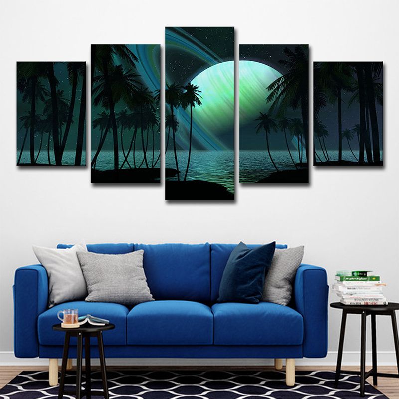 Tropics Night Seascape Canvas Green Ringed Planet Wall Art Print for Family Room