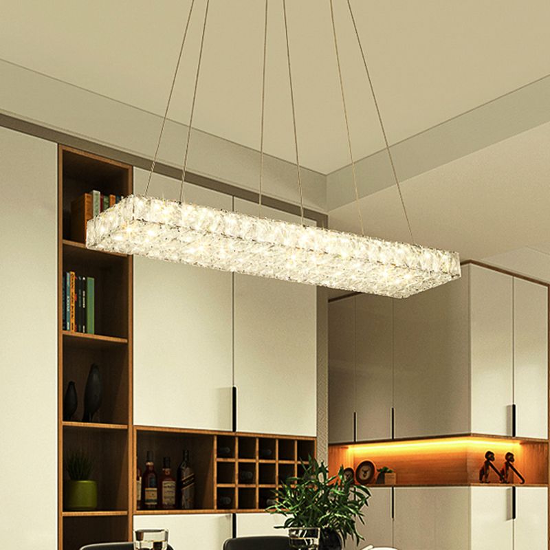 LED Island Chandelier Modern Rectangular Clear Crystal Wrapped Hanging Pendant for Dinning Room