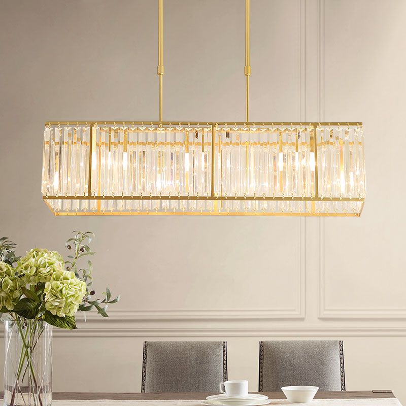 3/4-Bulb Hanging Island Light Modern Restaurant Pendant Lamp with Crystal Rectangle Shade in Black/Gold
