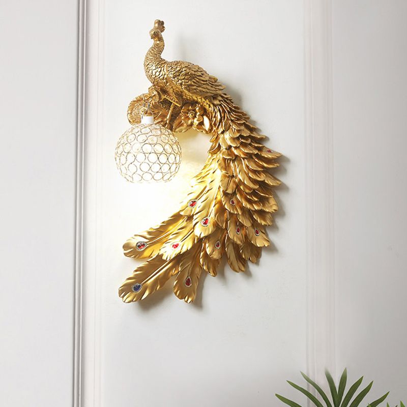 Peacock Wall Sconce Art Decor Resin 1-Light Living Room Wall Lamp with Spherical Crystal Shade