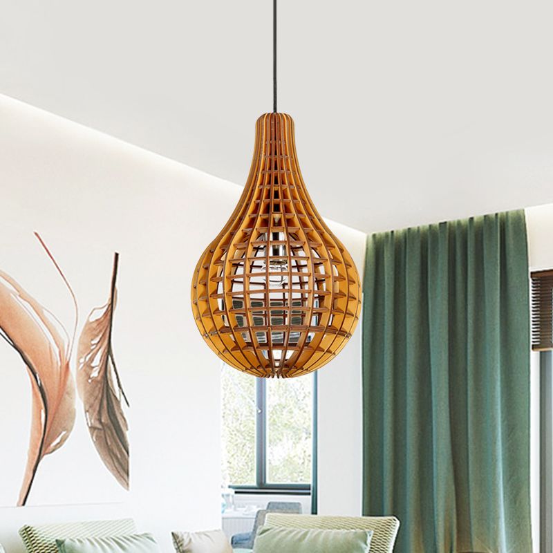 Gridded Raindrop Cage Pendant Lighting Minimalist Wooden 1-Light Brown Suspension Light