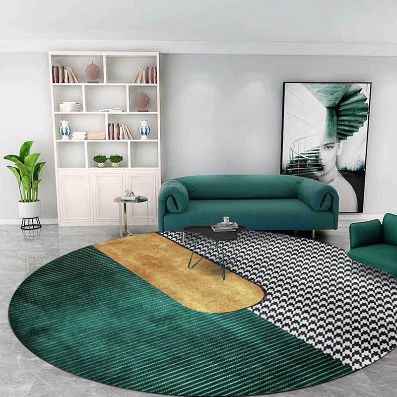 Contemporary Houndstooth Pattern Rug Green and Golden Polyester Rug Machine Washable Non-Slip Area Rug for Bedroom