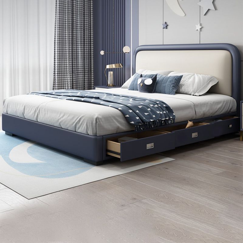 Modern Wooden Blue Standard Bed with Rectangular Headboard and Legs