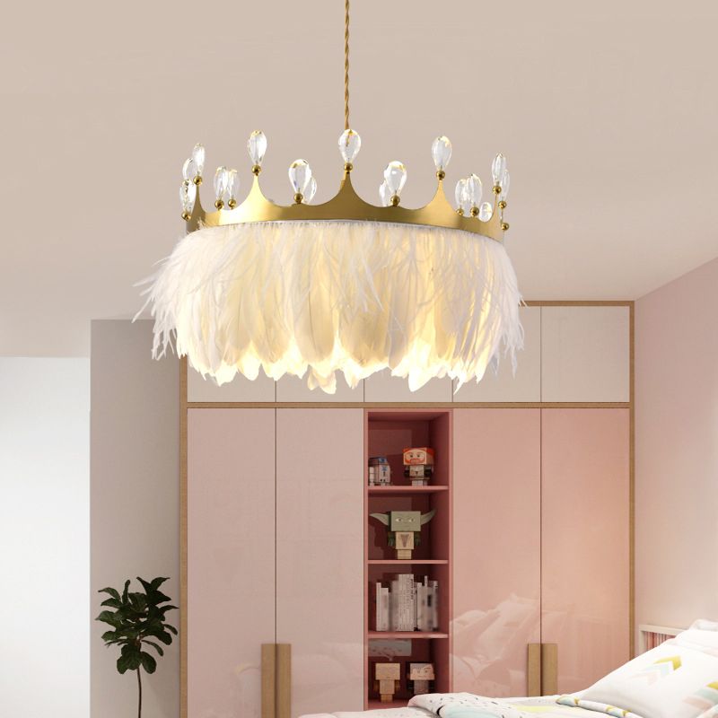 Crown Shaped Kids Bedroom Pendant Lamp Feather 1-Light Nordic Hanging Light Fixture in Gold, 16"/19.5" W