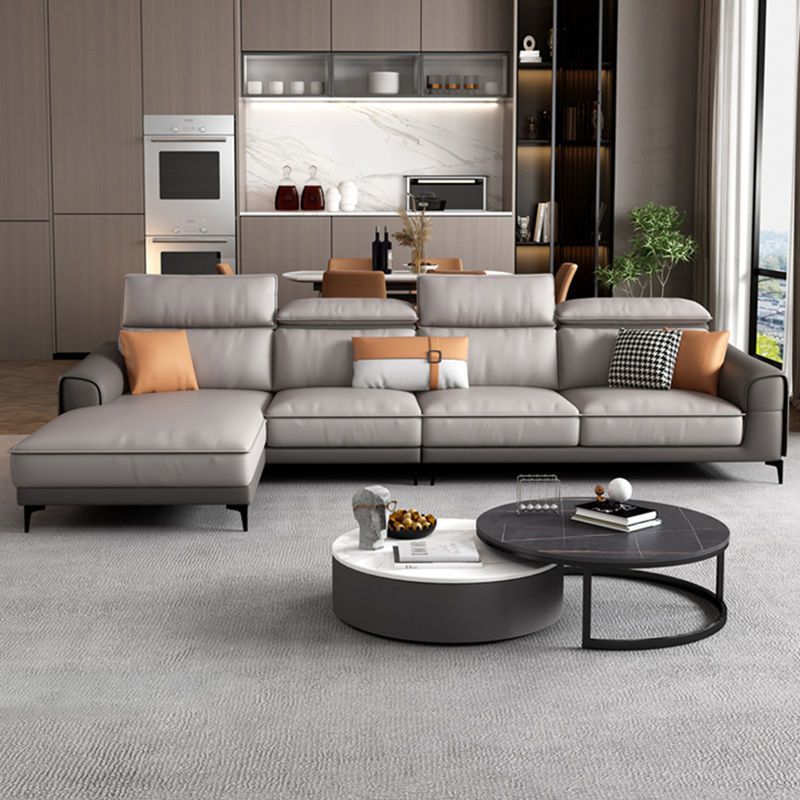 Faux Leather Square Arm Sectionals, 137" L Sectional Grey With Cushions Metal Legs