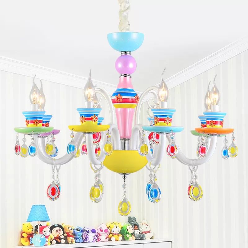 Modern Candle Chandelier Glass Multi-Head Colorful Pendant Light for Kindergarten