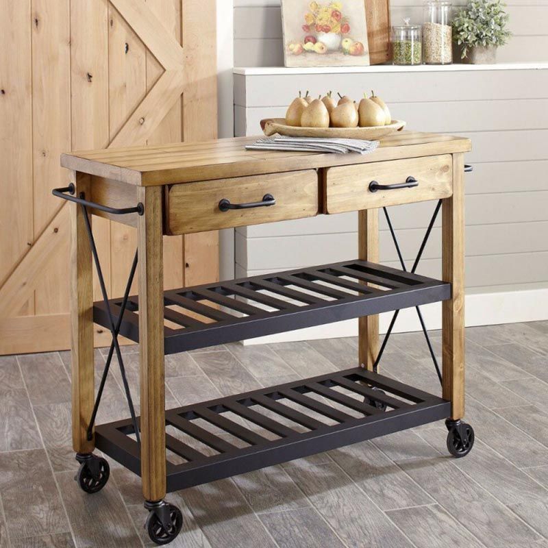 Rolling Solid Wood Kitchen Island Home Dining Kitchen Trolley with Towel Rack