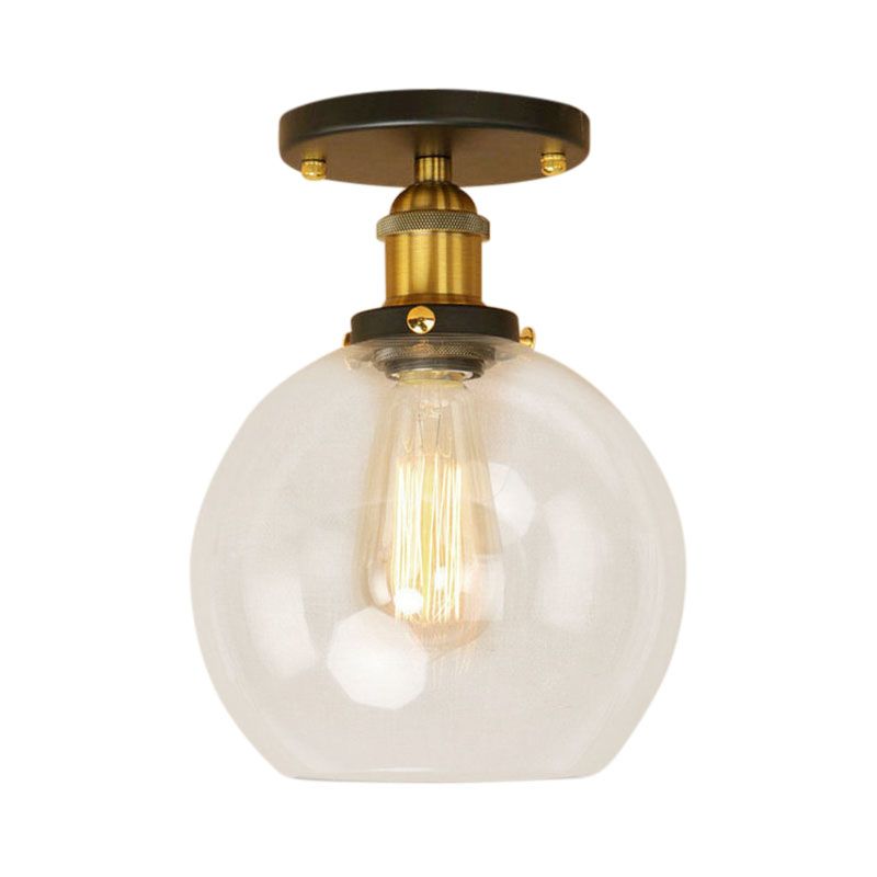 Plafonnier sphérique semi-affleurant industriel en verre transparent, une lumière, noir/laiton/cuivre, pour balcon