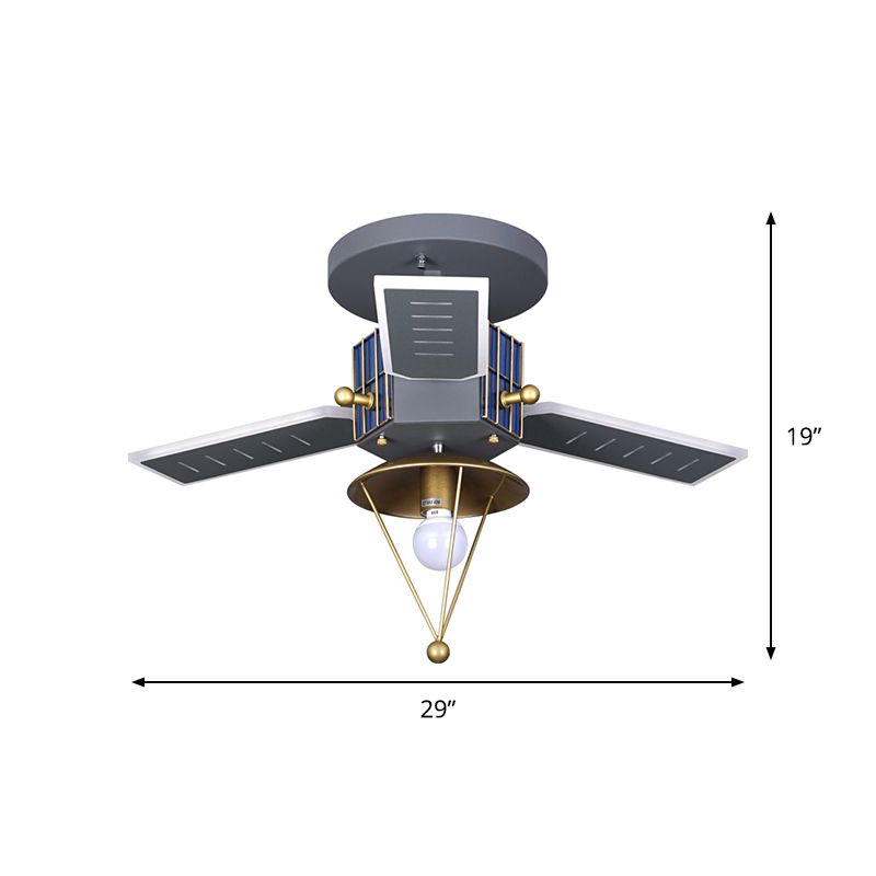 Metal Satellite Shape Semi Flush Lamp Cartoon 1 Bulb Grey and Gold LED Flush Ceiling Light