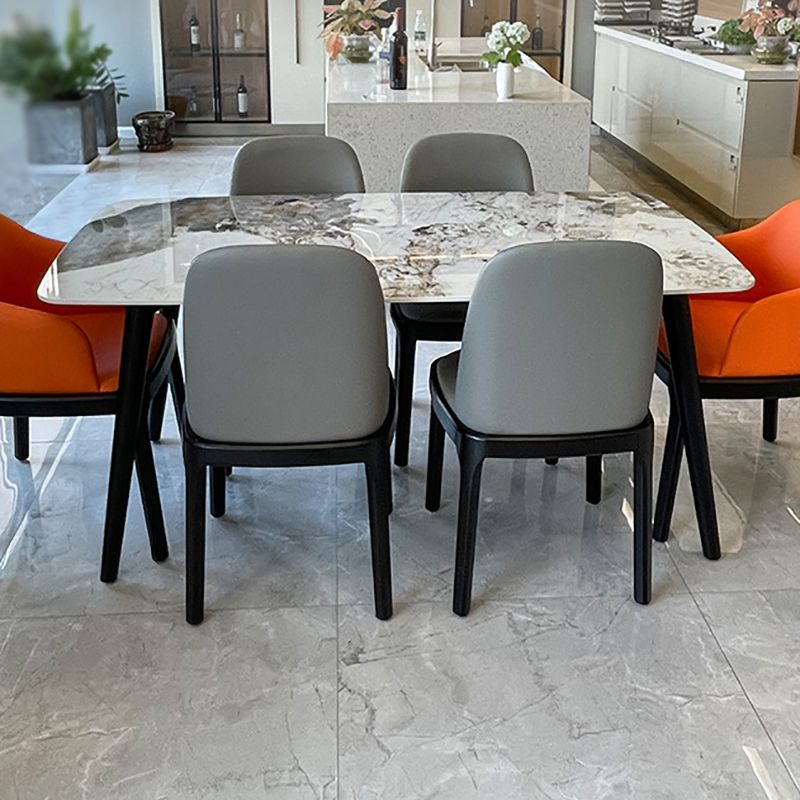 Stone Top Dining Table Modern Rectangle Table with 4 Wood Legs in Black