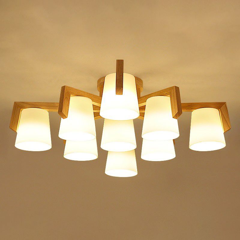 Conic Living Room Semi Flush Ceiling Light Frosted Glass Modern Flush Mount Light in Wood