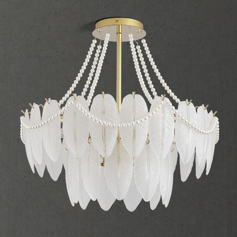 Modern Metal Ceiling Light Feather Shape Hanging Light with Glass Shade for Living Room