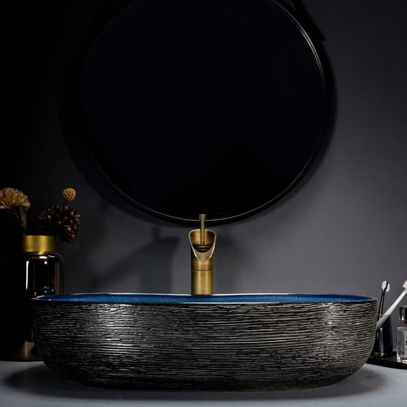 Modern Bathroom Sink Vitreous China Hand Painted Oval Vessel Lavatory Sink