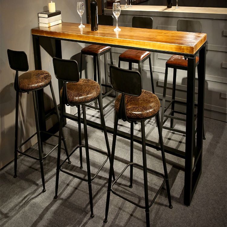 Rectangle Pine Wood Top Bistro Table Industrial Bar Table with Trestle Base