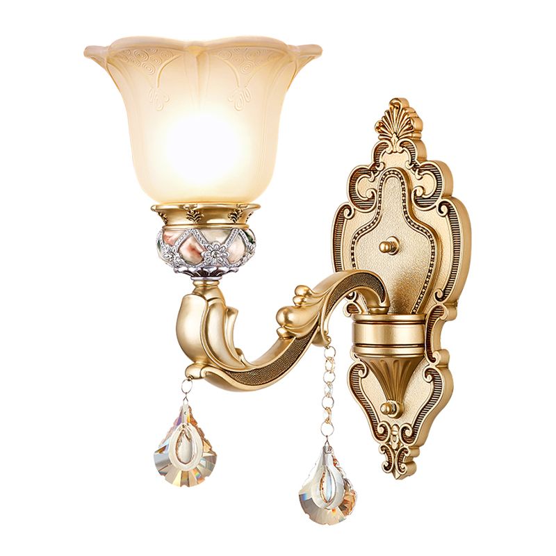 1 Bulb Floral Wall Sconce Vintage White Etched Glass Wall Lamp with Crystal Accent and Gold Curly Resin Arm