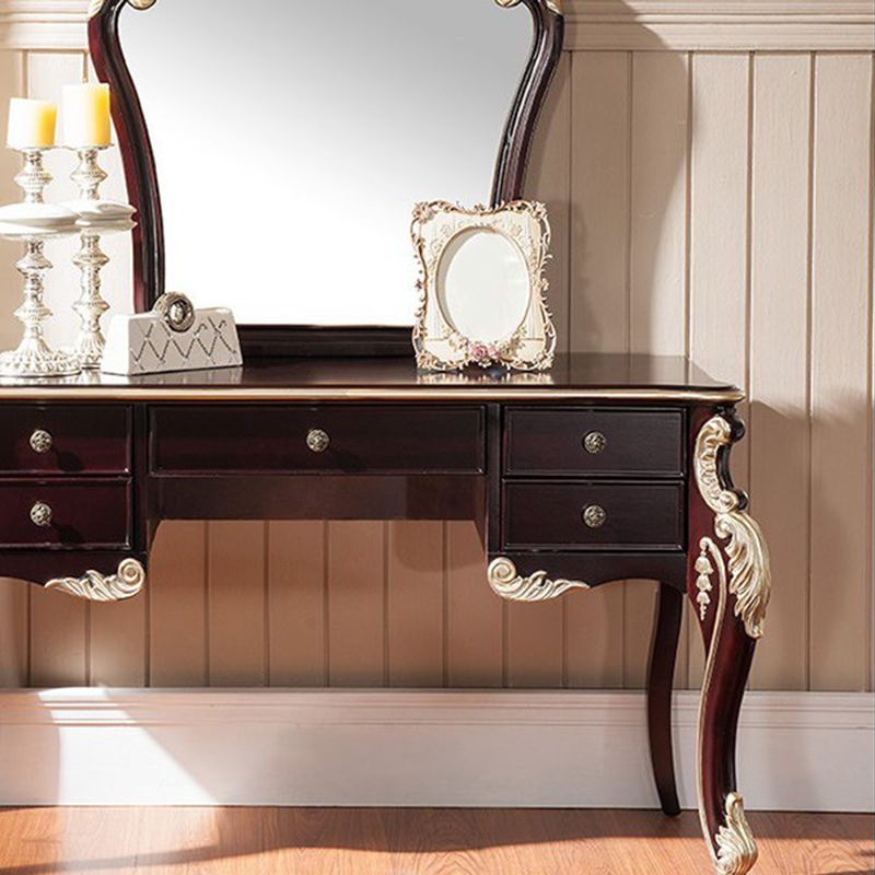 Brown Makeup Counter with Mirror 19.68" Wide Wood Vanity Tables with 5 Drawers