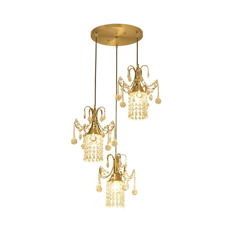 Cylindre Multi-plafond Light Moderniste Crystal Droplet 3 lumières Pendre de salle à manger en laiton