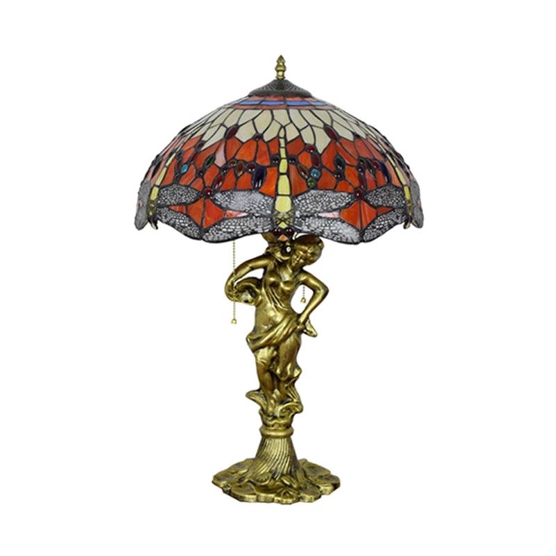 Dragonfly Cabochons Embedded Table Light 3-Light Yellow/Orange/Blue Glass Tiffany Nightstand Lamp with Pull Chain