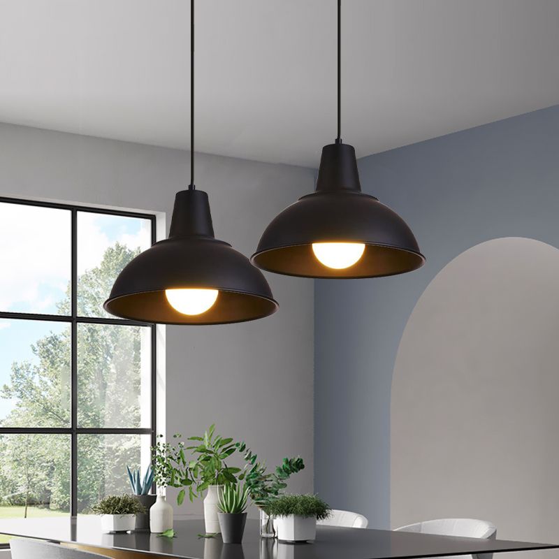 Dome Iron Hanging Light Kit Vintage 12"/16" Wide 1 Light Restaurant Suspension Pendant in White/Black