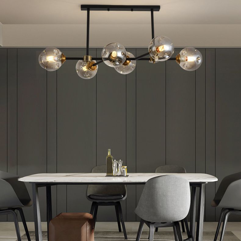 Luce di isola a 6 luci nere in moderno stile a sospensione in ferro battuto in stile creativo con tonalità di vetro