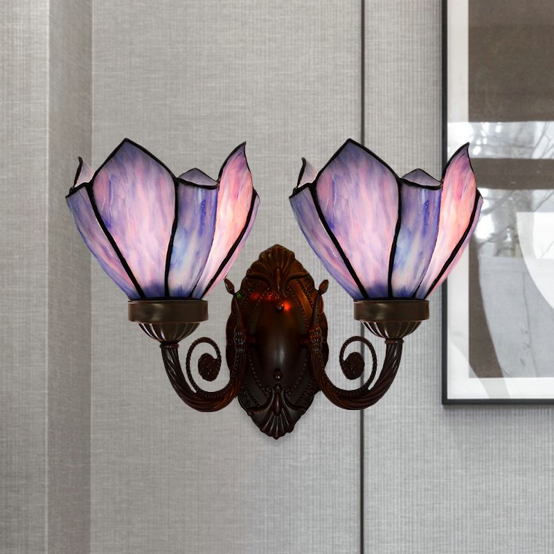 Petal Wall Sconce 2 Lights White/Pink Glass Mediterranean Wall Lighting Fixture with Swirl Arm for Living Room