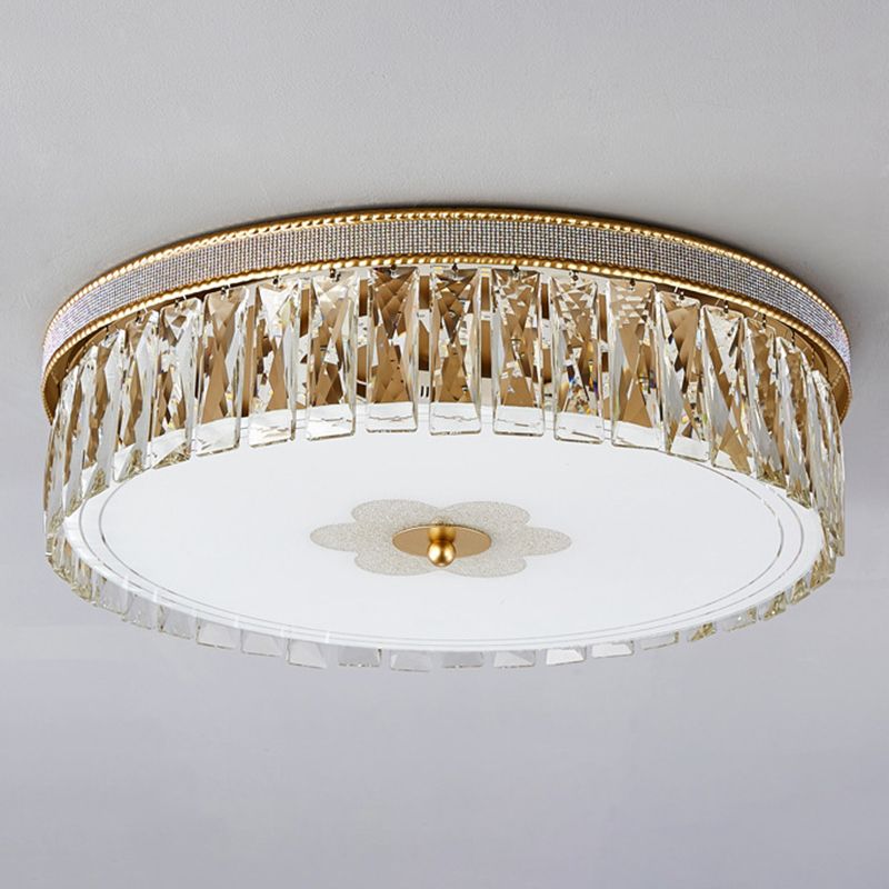 Gold Cylindrical LED Ceiling Light in Modern Luxury Style Crystal Indoor Flush Mount with Glass Shade
