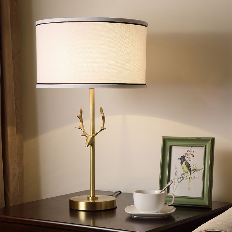 Fabric Drum Table Lamp Simplicity 1 Bulb Bedside Nightstand Light with Antler Decor in White