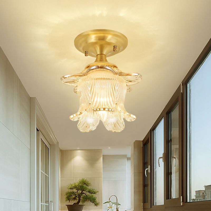 Klassische blühende Halbblüten 1-Bulb Clear Rippas Decken Deckenmontage in Gold