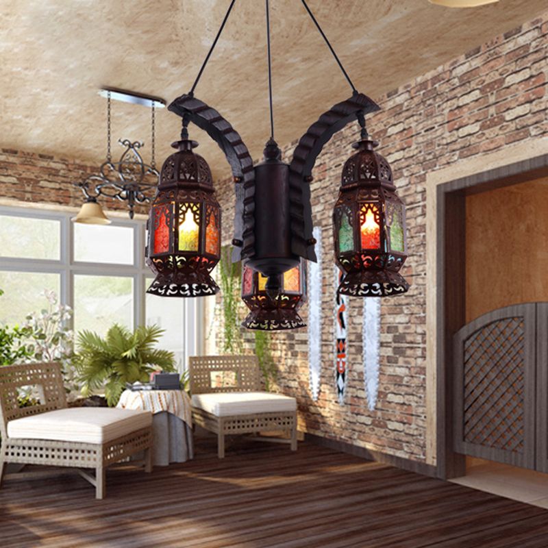 Black 3-Light Hanging Chandelier Arab Metal Lantern Suspension Lamp for Living Room