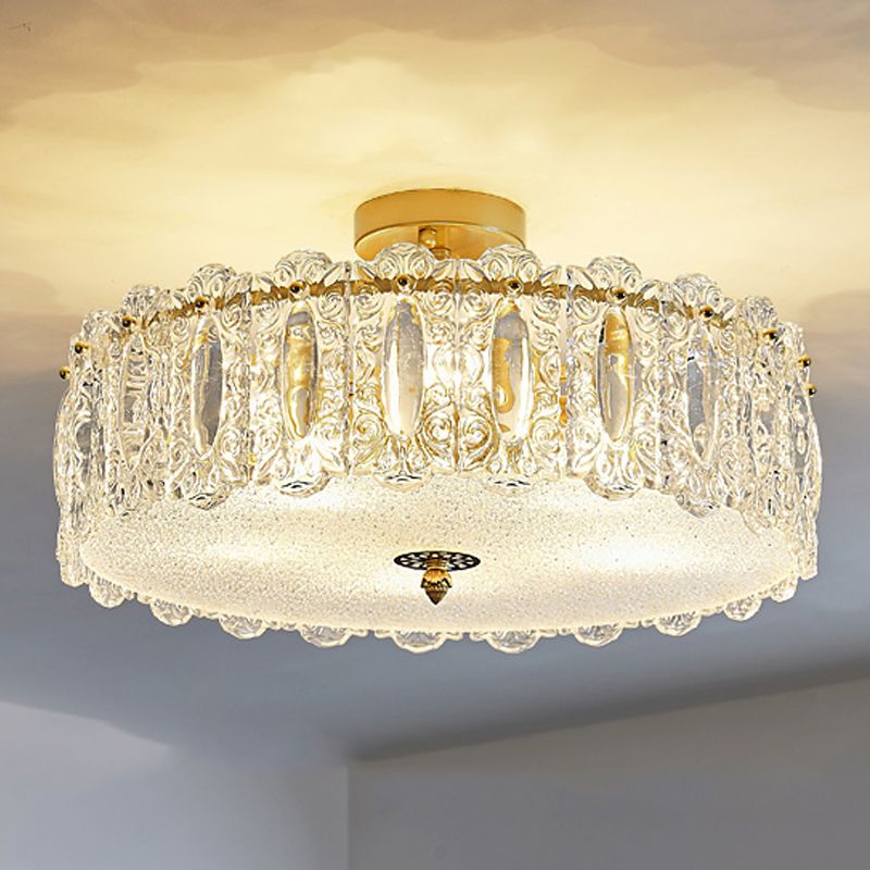 Lampe de plafond de forme ronde Mount à chasse d'eau en fer moderne avec abat-jour en verre pour chambre à coucher