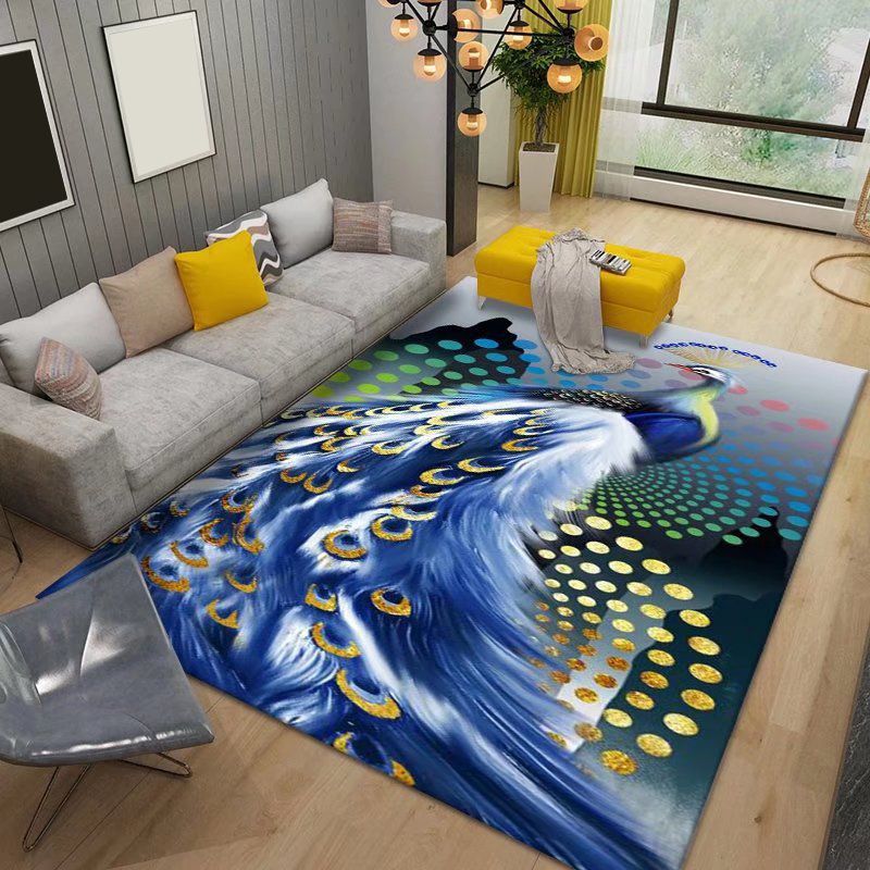 Blue Gorgeous Rug Polyester Peacock Rug Stain Resistant Rug for Living Room
