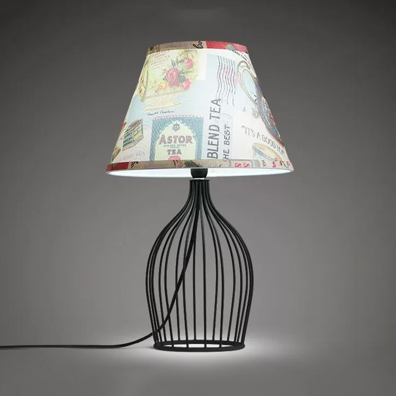 1 Head Barrel Night Table Lamp Traditional Black Nightstand Lighting with Metal Wire Cage Base
