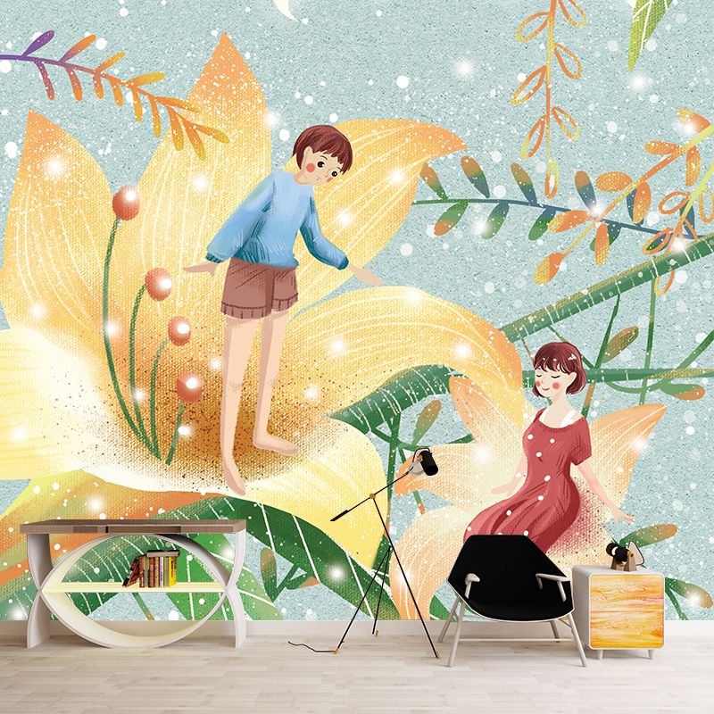 Childrens Art Flower Elves Mural Blue-Yellow Moisture Resistant Wall Decor for Kids Bedroom