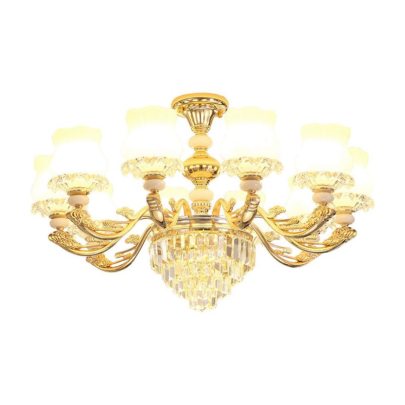 Gold Chandelier Light Retro Opal Glass Bud Pendant Light Fixture with Tiered Crystal Decor