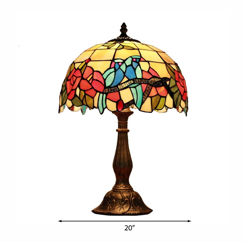 Rustic Parrot Table Lamp with Rose 1 Light Stained Glass Table Lighting in Brass/Copper for Bedroom