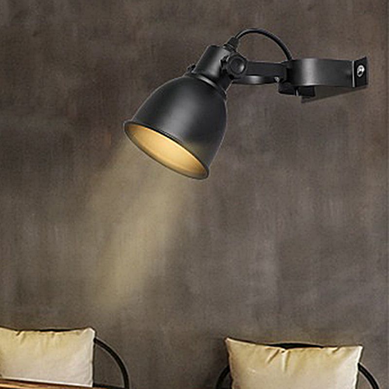 Black Finish 1-Bulb Wall Light Sconce Industrial Iron Dome Wall Mounted Lamp with Adjustable Handle