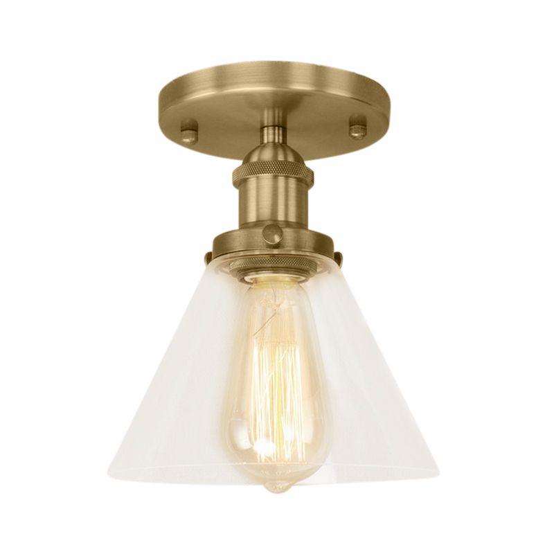 Single Bulb Semi-Flush Mount Industrial Conical Clear Glass Ceiling Light in Black / Brass / Copper