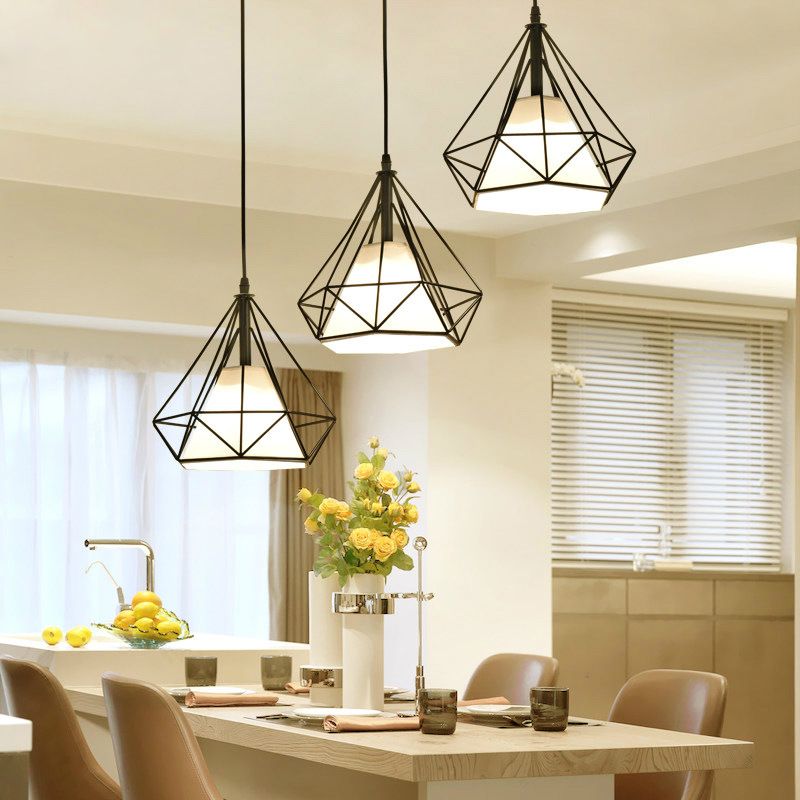 1-light Modern Simplicity Style Hanging Light Metal Cage Design Fabric Shade Suspension Lighting Fixture for Kitchen