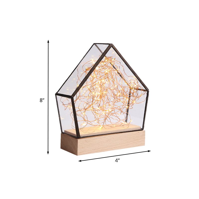 Clear Glass Mini House Nachttisch Leichtes Kinder Holz integrierte LED -Tischlampe mit Innenbär und Schnurdekoration