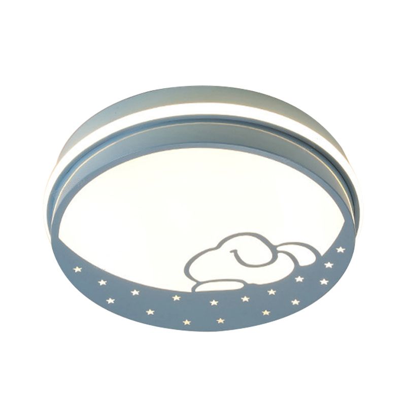 Lovely Circle LED Flush Ceiling Light with Moon & Rabbit Metal Whit Ceiling Lamp for Kindergarten
