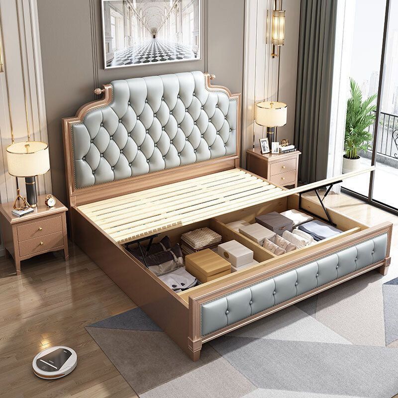 Victorian Style Bed Frame Rubberwood Bed with Upholstered Headboard