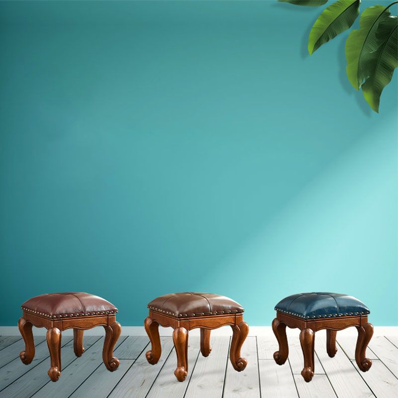 Mid-Century Modern Pouf Ottoman Genuine Leather Tufted Nailhead Trim Rectangle Ottoman