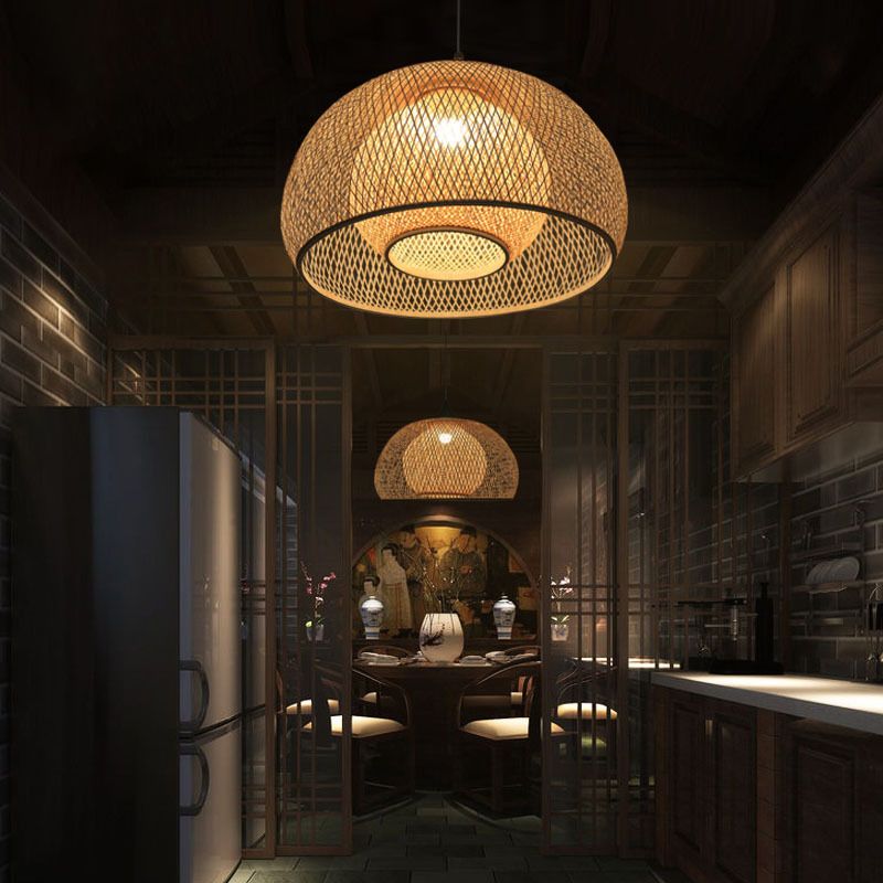 Asian Style Dome Ceiling Light Bamboo Single Tea Room Hanging Pendant Light in Wood