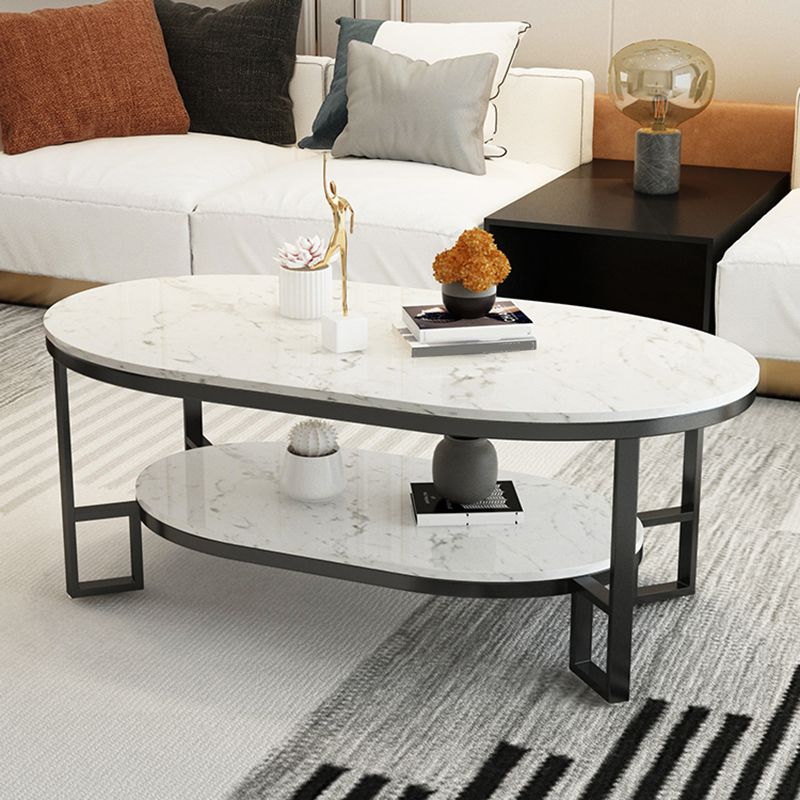 4 Legs Cocktail Table Shelf Included Oval Stone Coffee Table