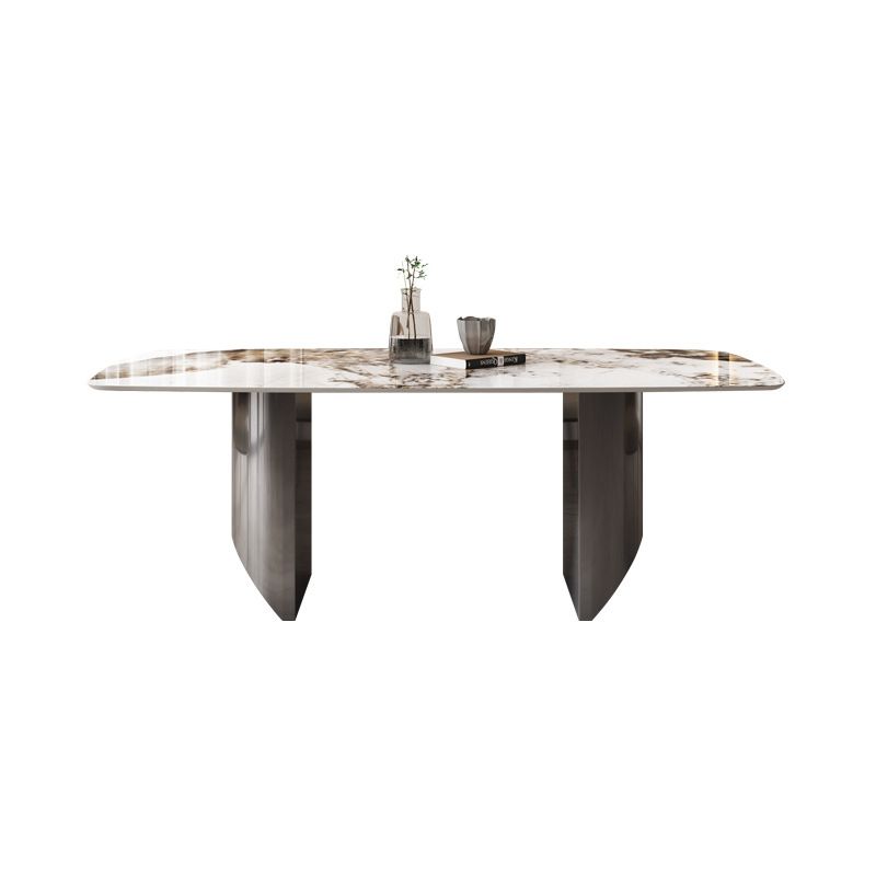 Sintered Stone Top Dining Table Modern Rectangle Stainless Steel Double Pedestal Table