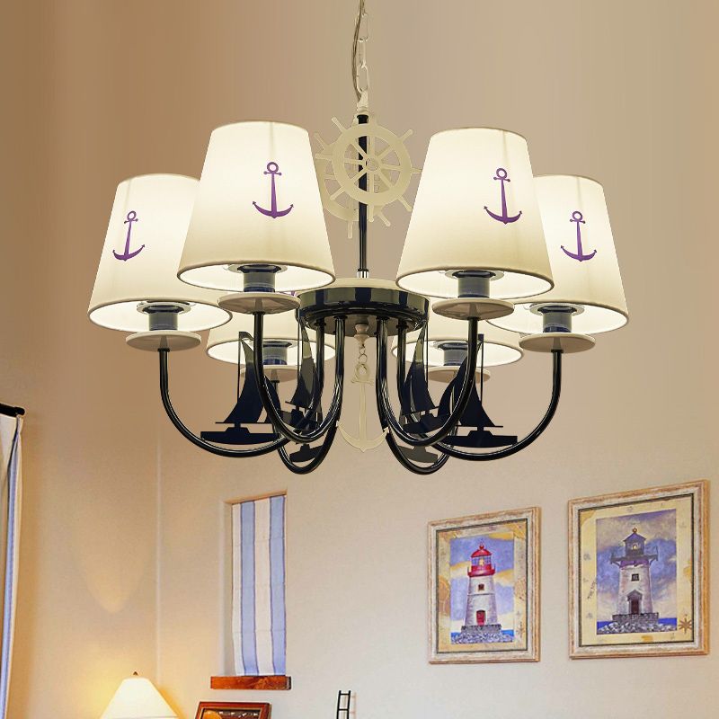 Tapered Chandelier Pendant Light Minimalist Fabric Kindergarten Hanging Light with Anchor Pattern in White